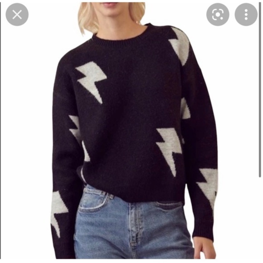 STORIA Black Lightning Bolt Knit Sweater Women's Long Sleeve Casual Cozy